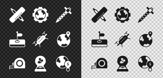 Set crossed ruler and pencil gear wheels earth vector