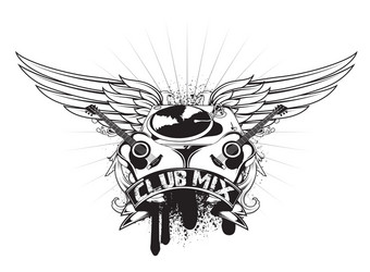 Electric guitar with wings music emblem Royalty Free Vector