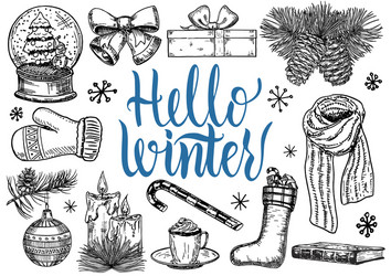 Hello winter sketch symbols christmas set vector