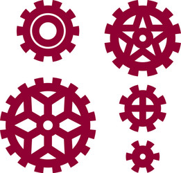 five plain and flat cogs or gears in red color vector image