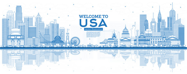 Outline welcome to usa skyline with blue vector