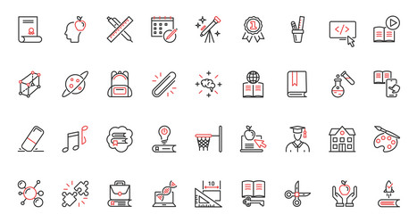 education trendy red black thin line icons set vector