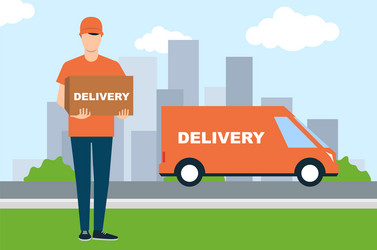 a young man delivered box on car delivery vector