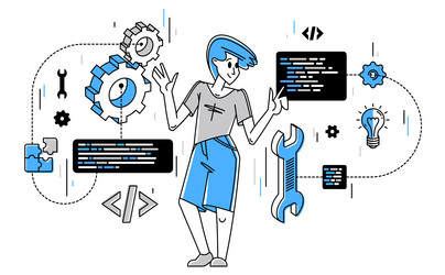 programmer is coding and repairing some machine vector image