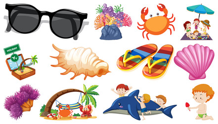 Set of summer beach objects and cartoon characters vector