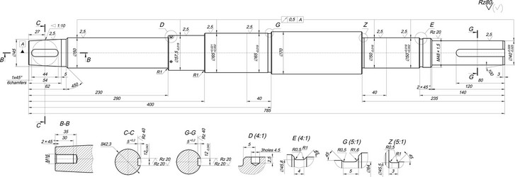 Expanded shaft sketch with chamfers and hatching vector