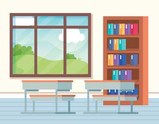 Classroom with books inside bookcase and window vector