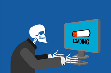 skeleton and pc long loading slow work computer vector image