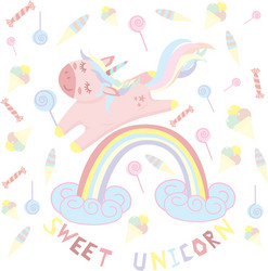 Unicorn on a rainbow with candy vector