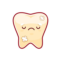 cartoon sick tooth with patches sad character vector