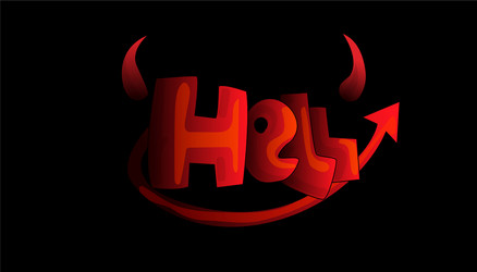 cartoon word hell with devil horns and tail in red vector