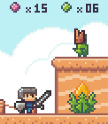 Pixel game interface knight with swird in front vector