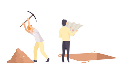 Man archaeologist with map and pickaxe searching vector