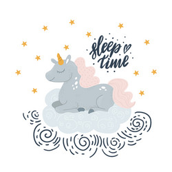 cute unicorn sleeping at cloud in hat vector