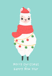 cute christmas llama with hat greeting card Vector Image
