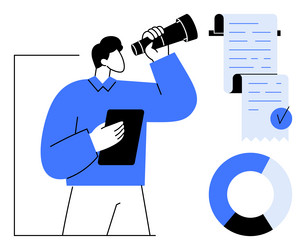 character with telescope and tablet analyzing data vector image