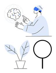 man in vr headset interacting with digital brain vector image