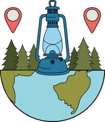 pines trees forest scene with kerosene lantern vector image