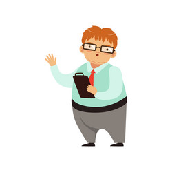 cartoon nerd character standing with paper tablet vector