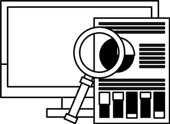 Computer with magnifying glass and document vector