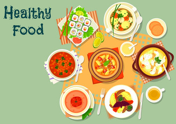 Lunch menu with soup and salmon sushi roll icon vector