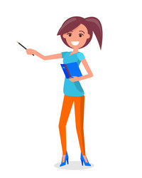 smiling woman guide with pointer and notebook vector