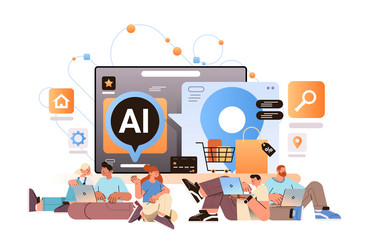 People buying things in computer app with ai vector