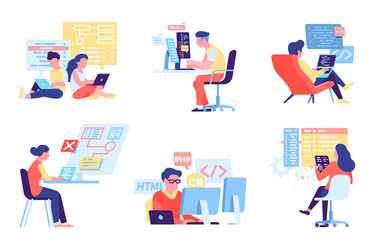 Programmers people developers at workplace html vector