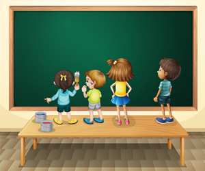 Children paintinging the blackboard in room vector