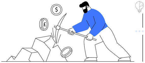 man mining cryptocurrency with pickaxe in concept vector image