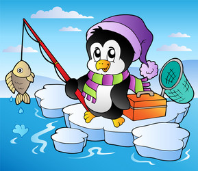 Cute Penguin Fishing on Ice Vector Image