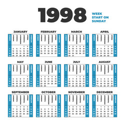 1998 year calendar weeks start on monday Vector Image