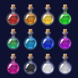 set bottles liquid potion magic elixir colorful vector