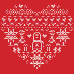nordic pattern in hearts shape with penguin on red vector image