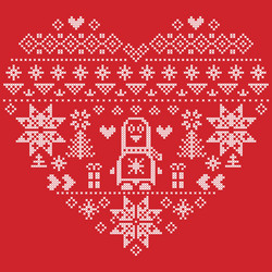 Nordic pattern in hearts shape with penguin on red vector