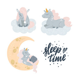 cute unicorn sleeping at cloud in hat vector