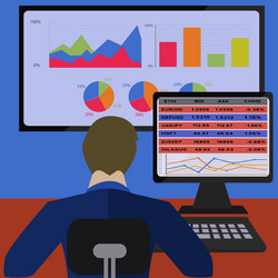 Trader trading on line with analytic graphs vector