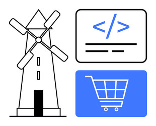windmill beside coding interface and shopping cart vector image