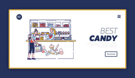 candy shop website landing page with cartoon woman vector