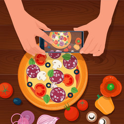 Hands take food photo mobile phone vector