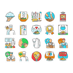 Restaurant chef cooking food icons set vector