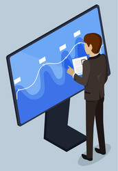 Worker using touchscreen monitor with graph vector