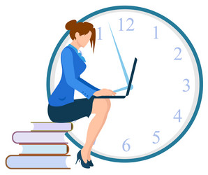 Freelancer woman working on laptop deadline clock vector