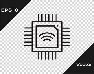 Black line computer processor with microcircuits vector