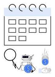 robot analyzing financial calendar with magnifying vector image