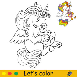 coloring cute little unicorn eating vector