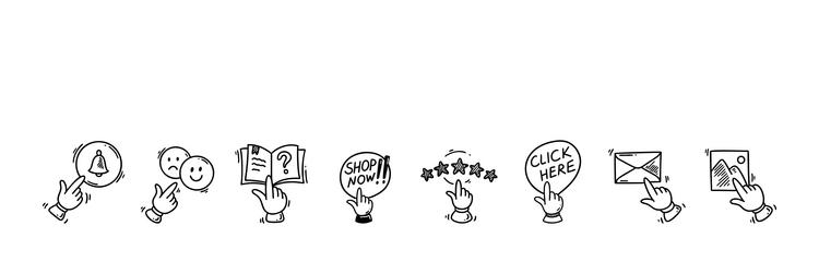 doodle click icons set hand finger cursor pointer vector image