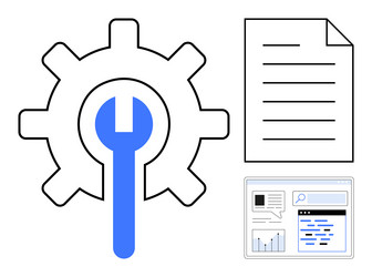 gear with wrench document and analytics window vector image