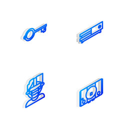 Set isometric line video game console ancient key vector