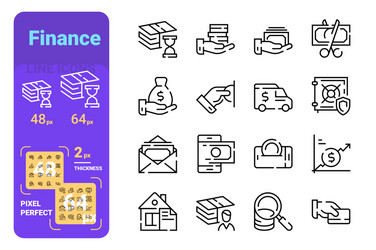 Set finance simple lines icons security graph vector